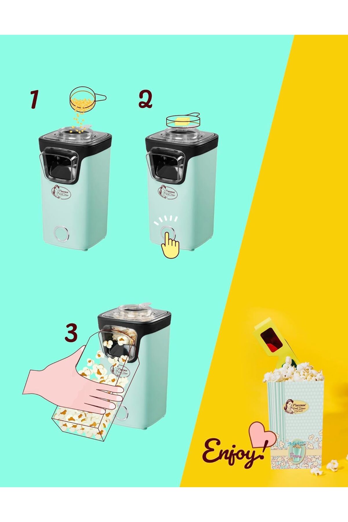 bestron-Popcorn Machine, 2 Minutes, Hot Air, 10 Bags, Measuring Cup, Sweet Dreams Series 2