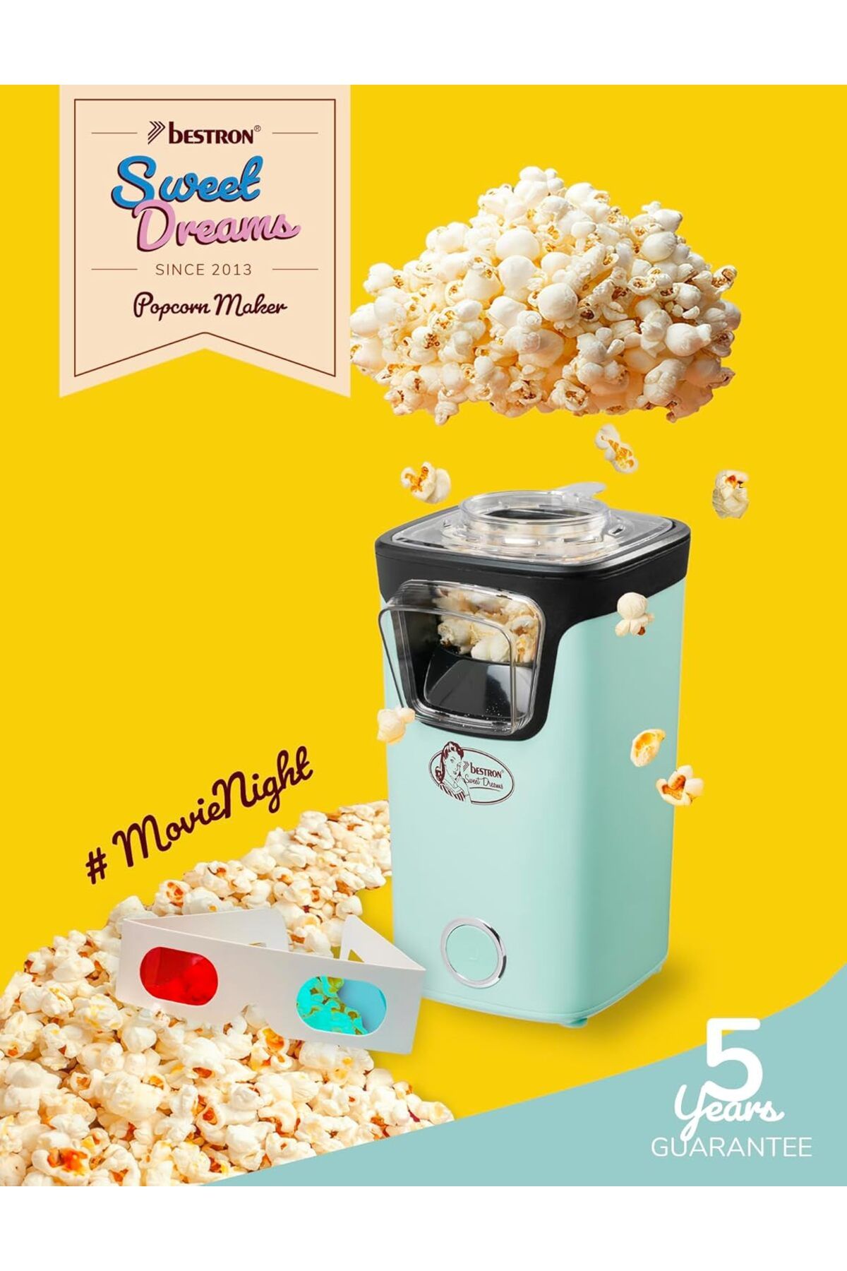 bestron-Popcorn Machine, 2 Minutes, Hot Air, 10 Bags, Measuring Cup, Sweet Dreams Series 5