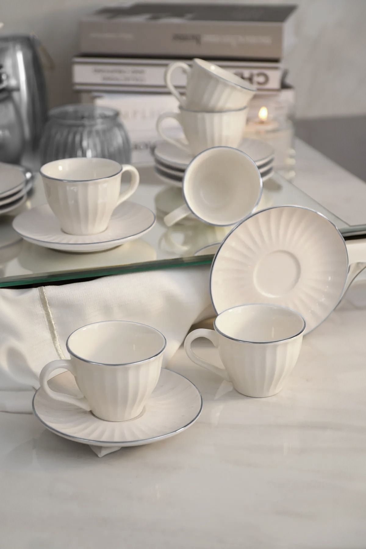 Kitchen Life 12 Parça 6 Kişilik Çizgili Ve Platin Gümüş Yaldızlı Kahve Fincan Takımı - Kahve Fincanı Seti 105ml