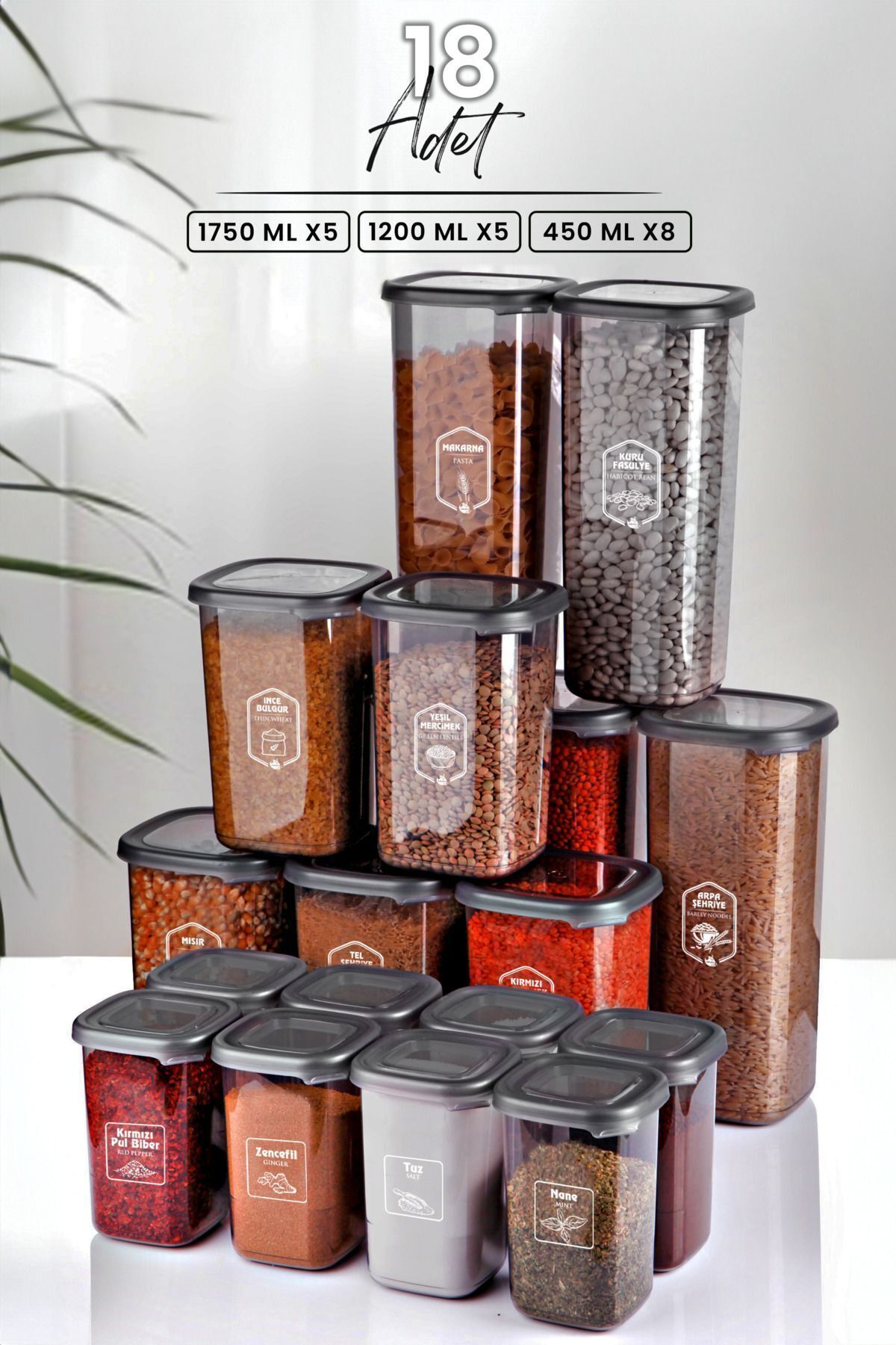 Kitchen Life-Modernity Square Food Storage Container Set of 18 with Labels (1750ml x5-1200ml x5-450ml x8) Spice Bowl 1