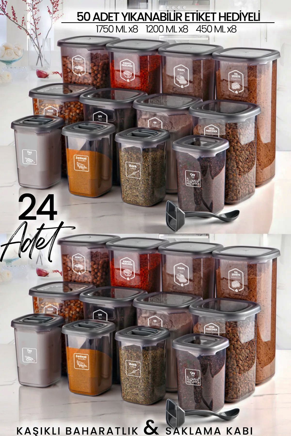 NESS HOME-24-Piece Labeled Square Food Storage Container and Spice Bowl Set with Spoon - (1750ML 1200ML 400 ML) 1