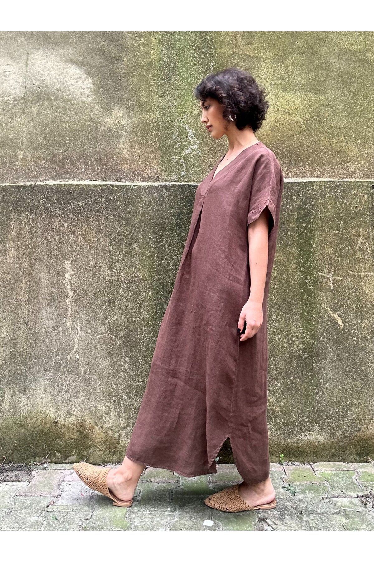 soBasic-Rochie 100% in, cu decolteu în V, cu mâneci căzute și cu fante - maro 2