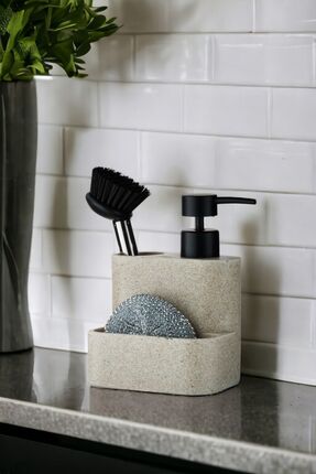 okacih Polyresin Fırçalı Süngerli Tezgah Üstü Sıvı Sabunluk Mutfak Banyo Dete...