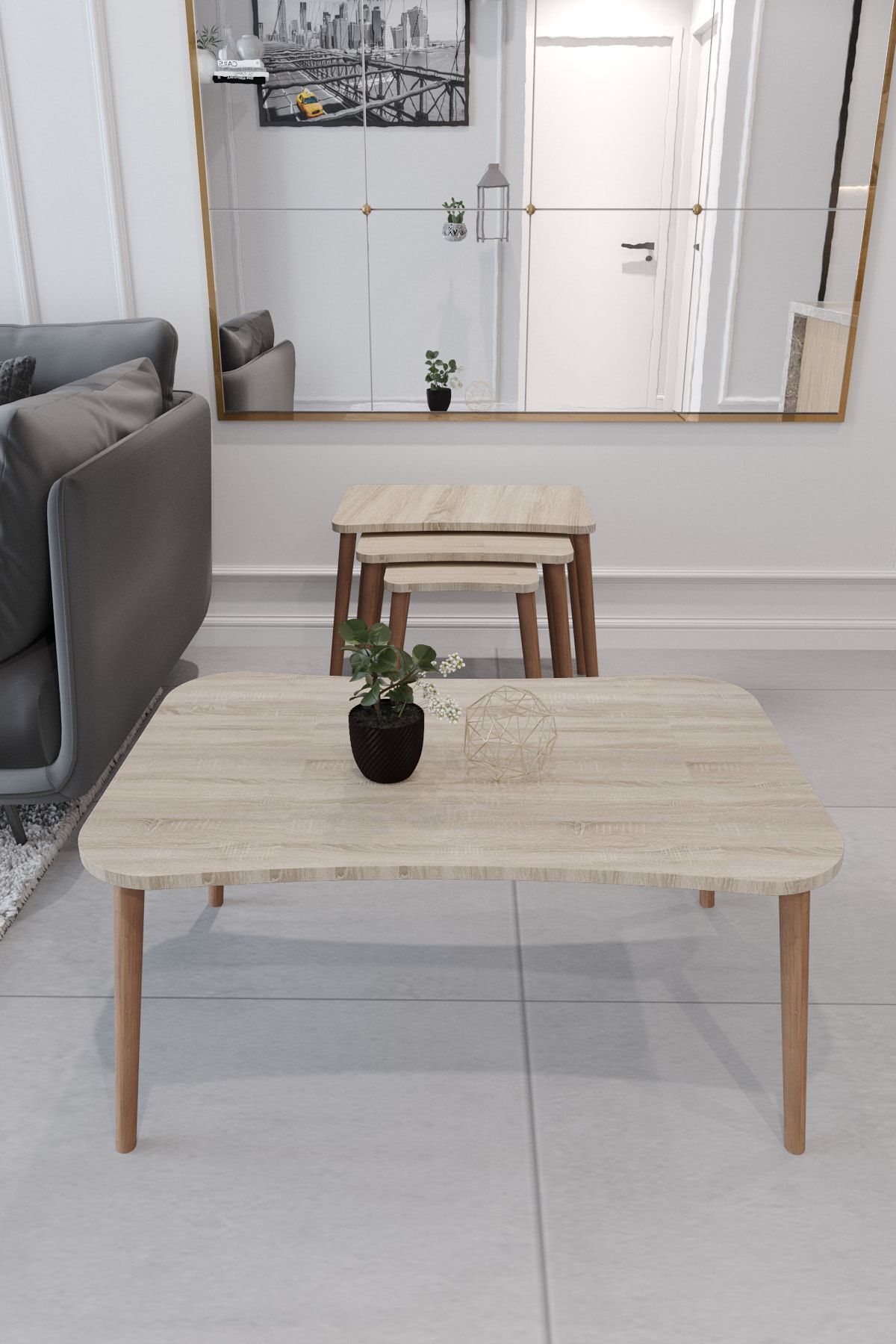 Esma Coffee Table and Zigon Coffee Table 4-Piece Living Room Set with Wooden Legs Coffee Table - Sonomo