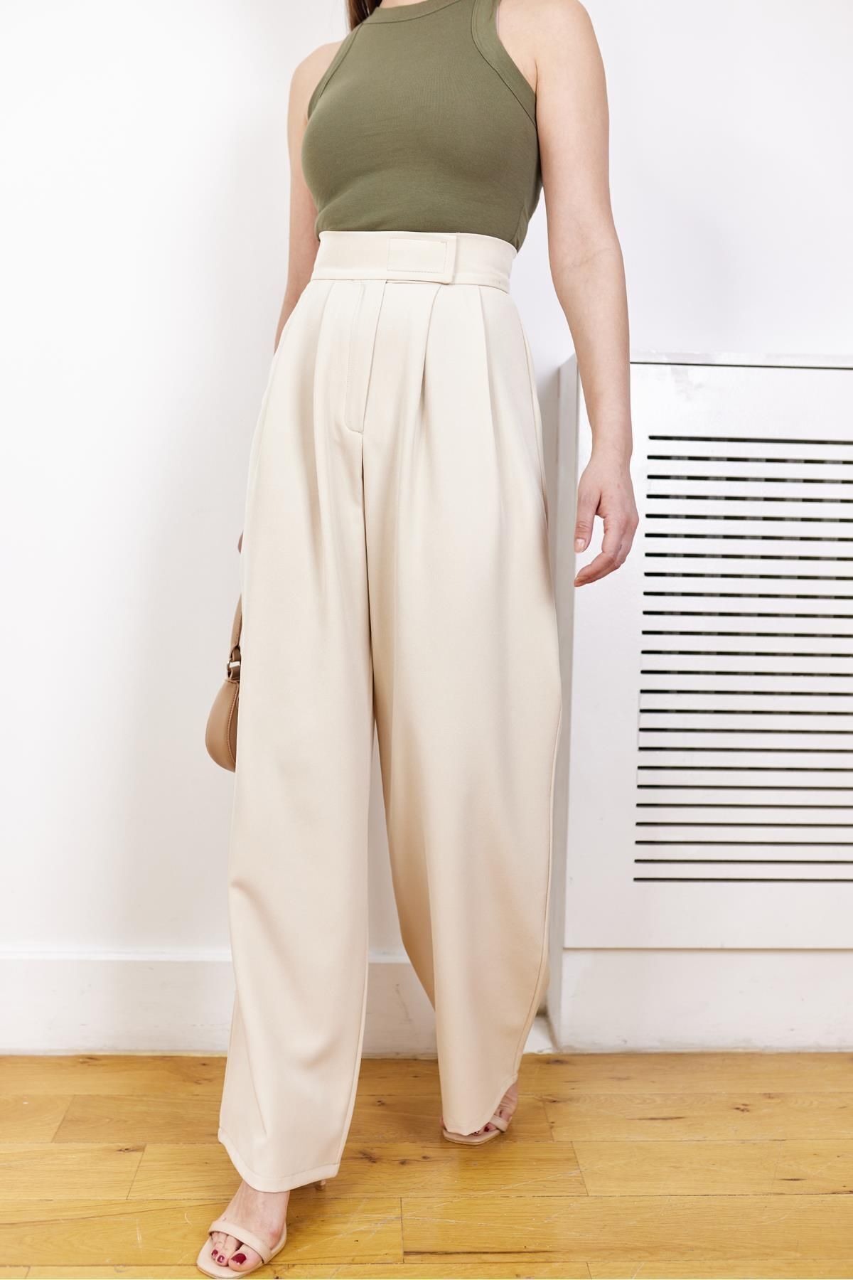 Pantalon Palazzo à Taille Ceinturée avec Fermeture à Bande Auto-agrippante et Pince Couture - Görsel 2