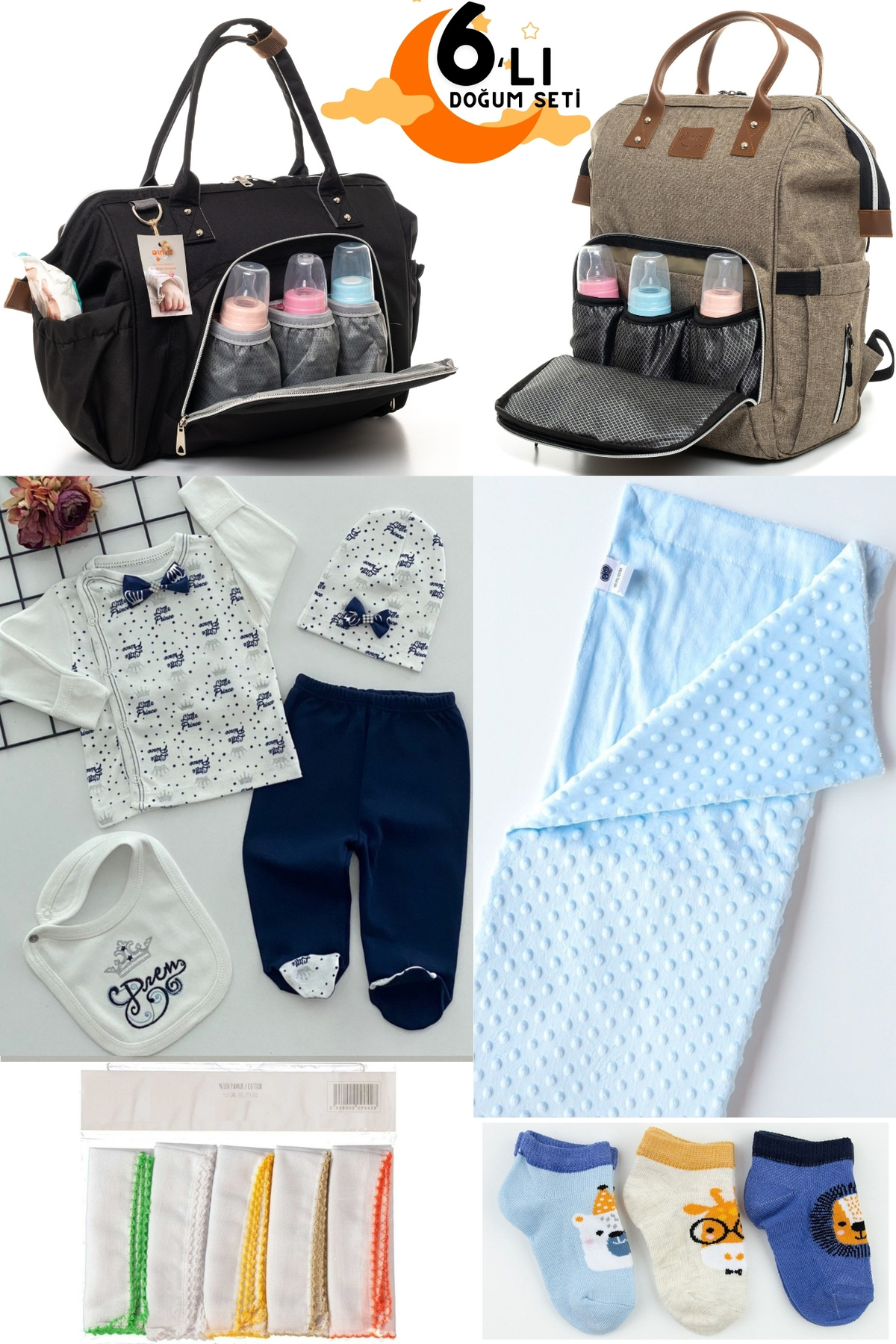 6-Piece Baby Delivery Set(HOSPITAL DISCHARGE,BABY CARE BACK and SHOULDER BAG,BLANKET,SOCKS,HANDKERCHIEF SET)