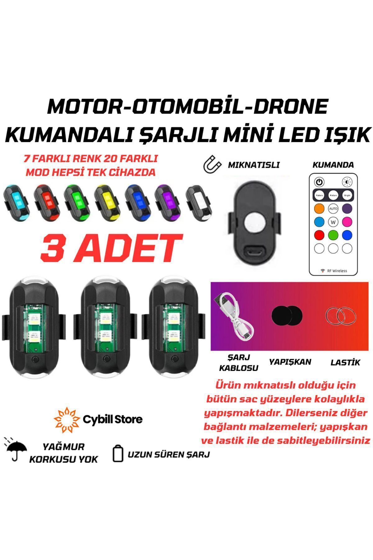 CybillStore KUMANDALI ÇAKARLI ŞARJLI 7 RENK VE 20 MODLU MİNİ LED IŞIK 3 ADET MOTORSİKLET ARABA BİSİKLET IŞIĞI