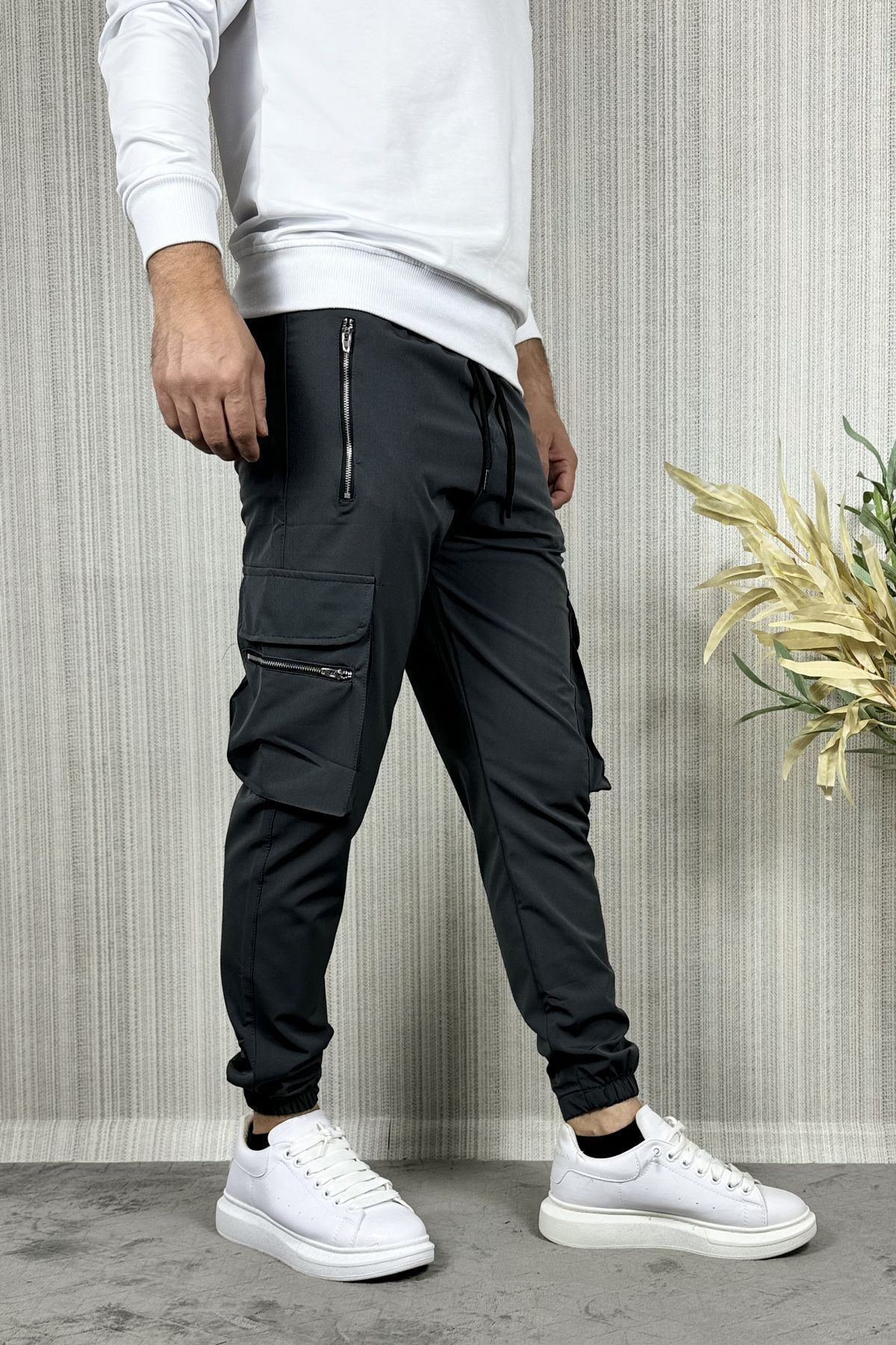 CW Casualwear-Pantaloni cargo jogger pentru bărbați, din țesătură antracit, cu fermoar 5
