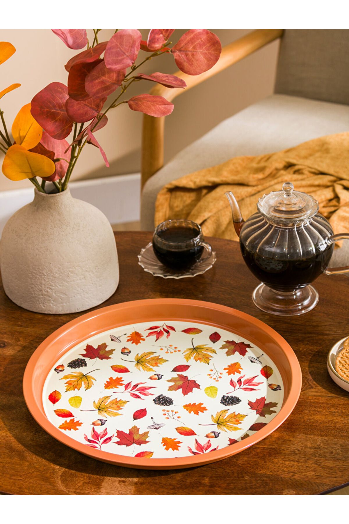 LC Waikiki-34 cm Round Metal Tray - Autumn Leaf Printed 3
