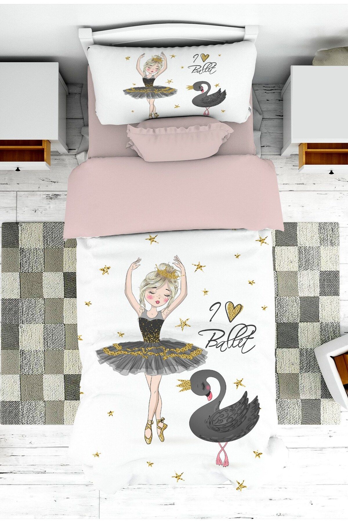 on the clouds-Girl's Room - Swan Ballerina Patterned Bedspread and Pillowcase Pique 1