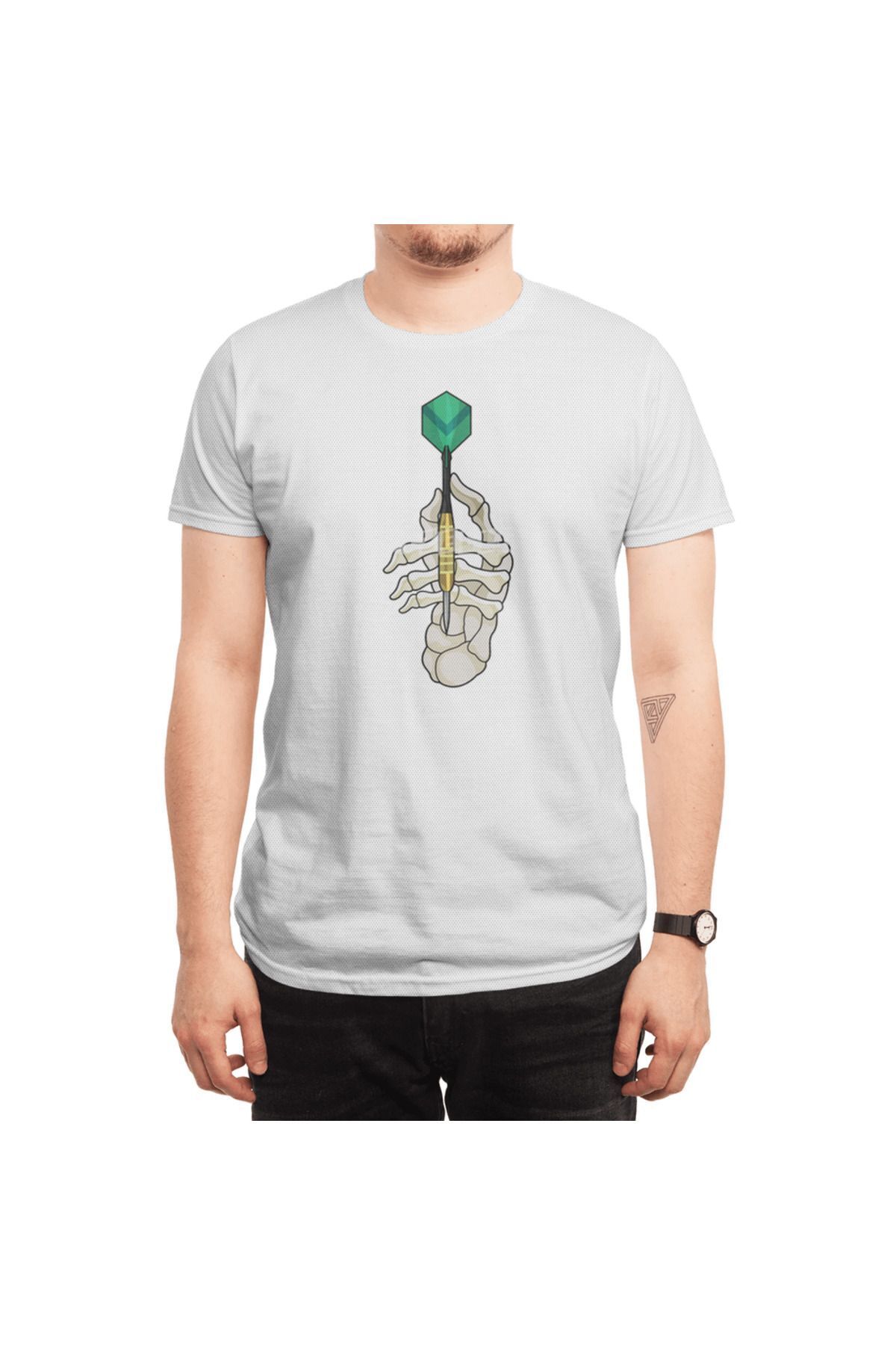 Fizello-Ανδρικό και γυναικείο λευκό μπλουζάκι Unisex - Skeleton Hand at Darts With Dart Design 6