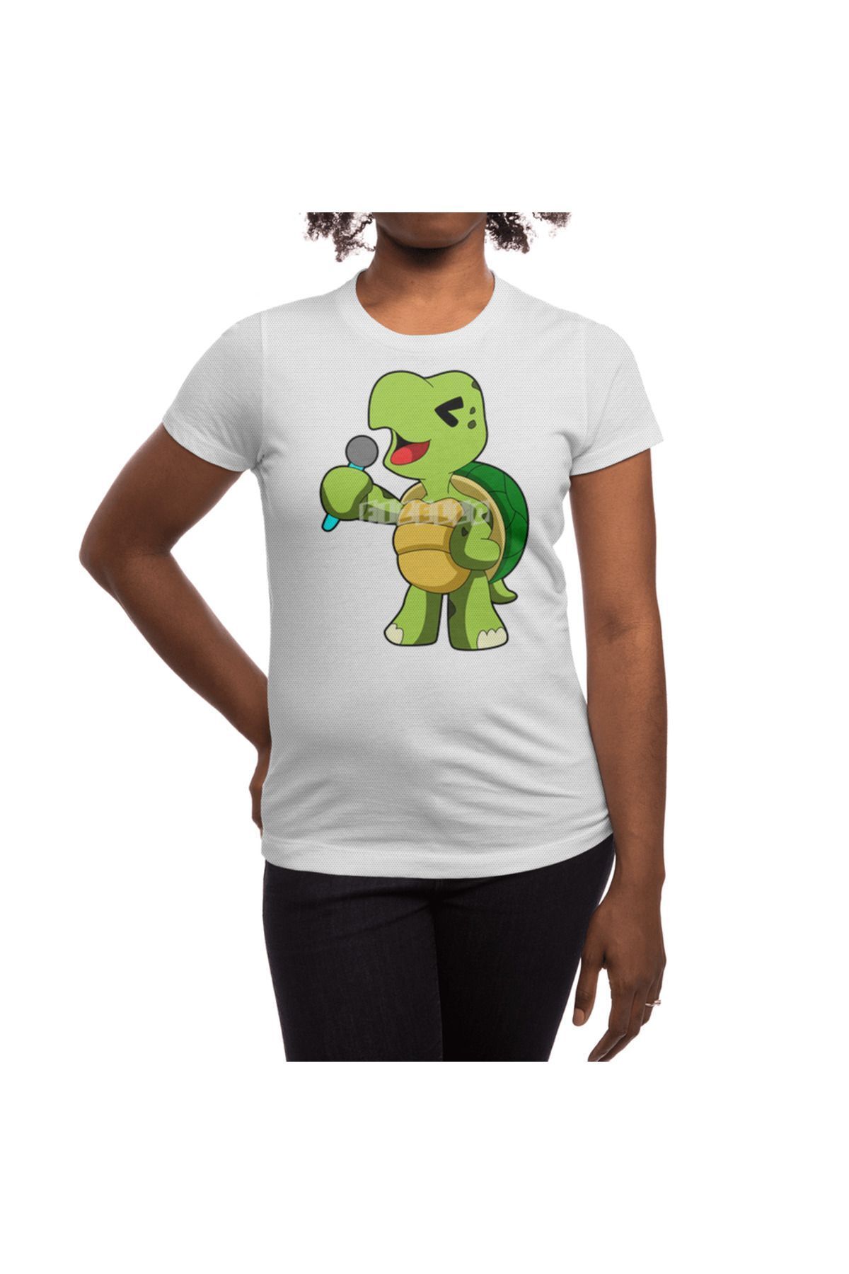 Fizello-Ανδρικό και γυναικείο λευκό μπλουζάκι Unisex - Turtle At Singing With Microphone Design 3