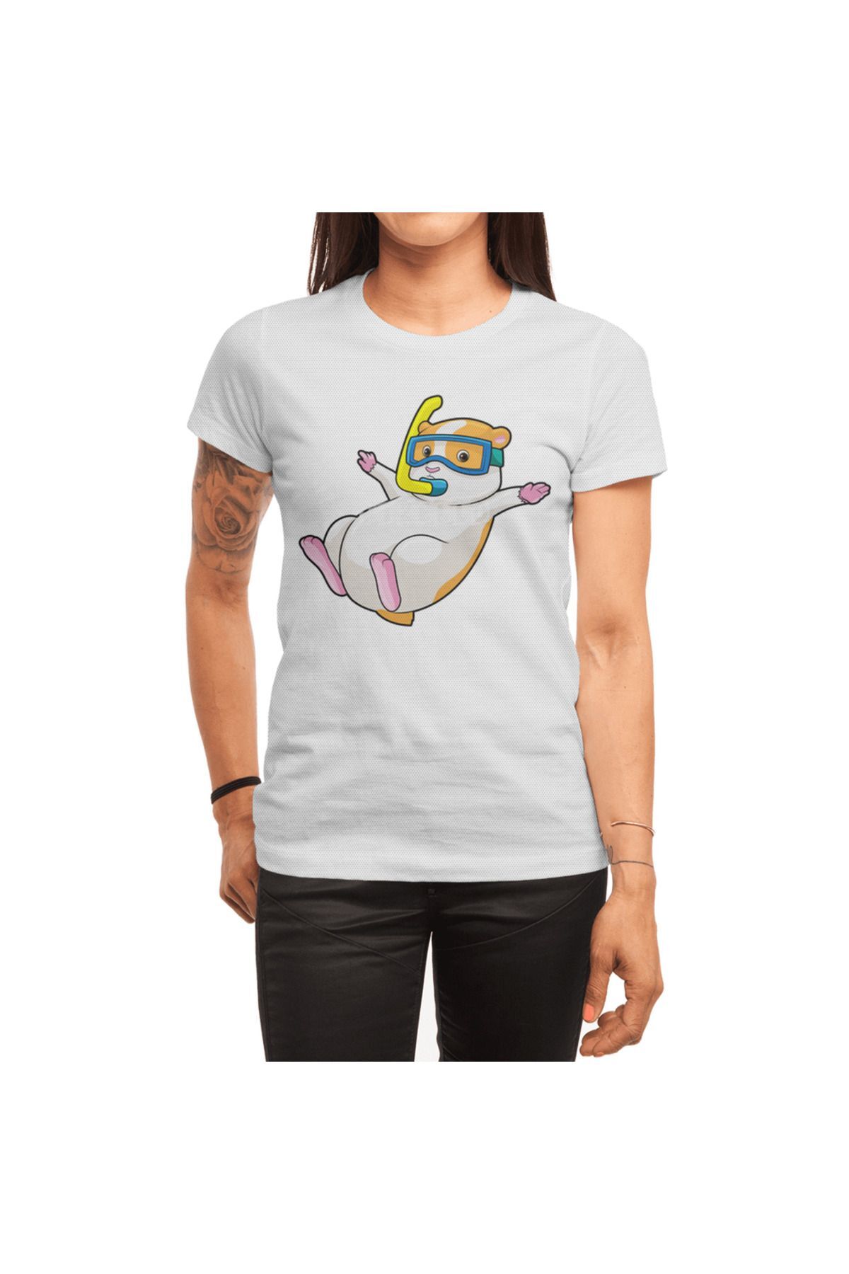 Fizello Hamster At Diving With Swimming Goggles , Erkek Tişört, Kadın Tişört, Unisex Beyaz T-shirt