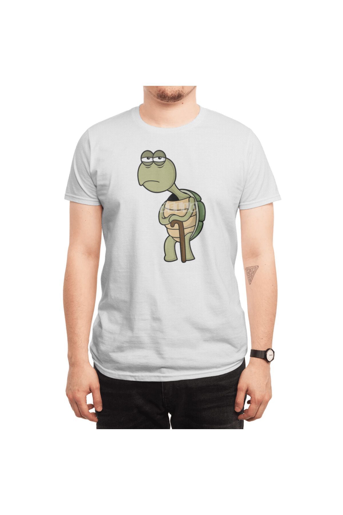 Fizello-Ανδρικό και γυναικείο λευκό μπλουζάκι - Turtle With Shell & Walking Stick Unisex Design 6