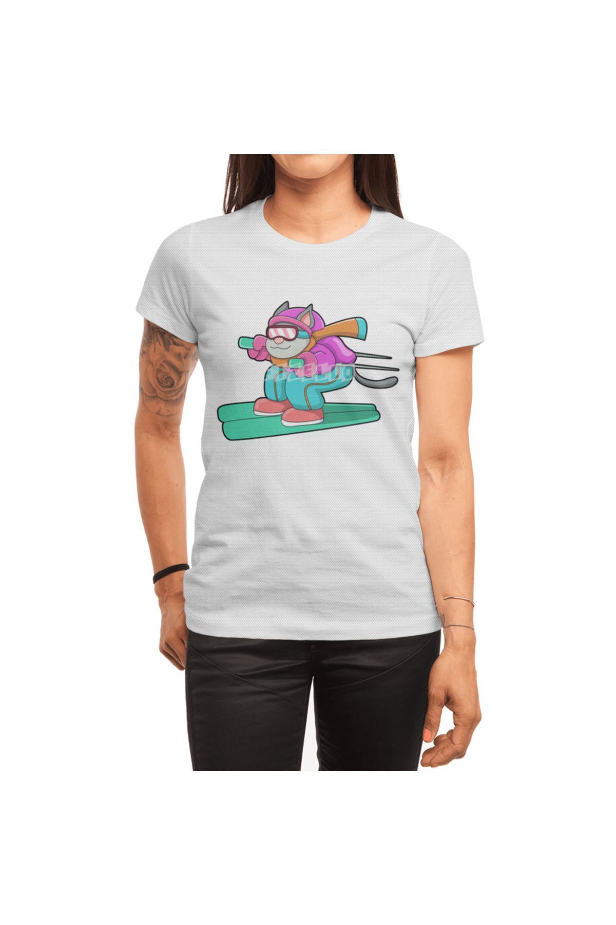 Fizello Cat As Ski Jumper With Ski & Ski Goggles , Erkek Tişört, Kadın Tişört, Unisex Beyaz T-shirt