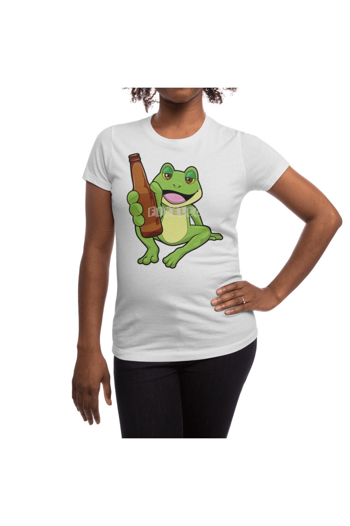 Fizello-Ανδρικό και γυναικείο λευκό μπλουζάκι - Frog with Bottle of Beer Pattern 5