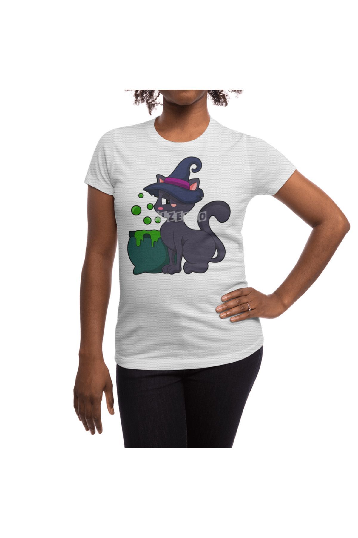 Fizello-Ανδρικό και γυναικείο λευκό μπλουζάκι - Cat As Witch With Cauldron Pattern 5