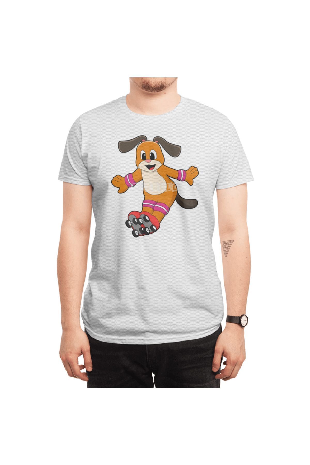 Fizello-Ανδρικό και γυναικείο μπλουζάκι - Dog As Skater With Inline Skates Unisex Λευκό μπλουζάκι 6