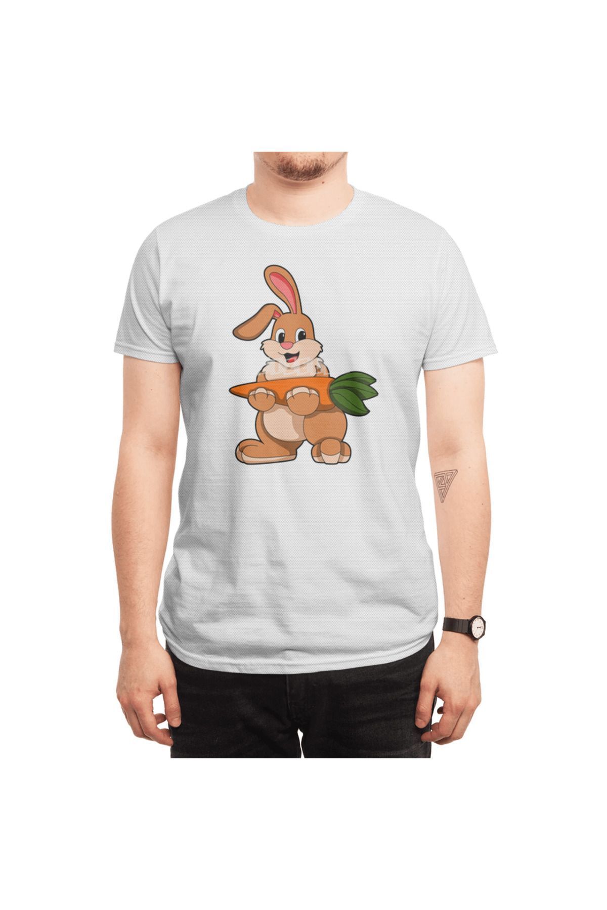Fizello-Ανδρικό και γυναικείο λευκό μπλουζάκι - Rabbit with Carrot Unisex Design 6