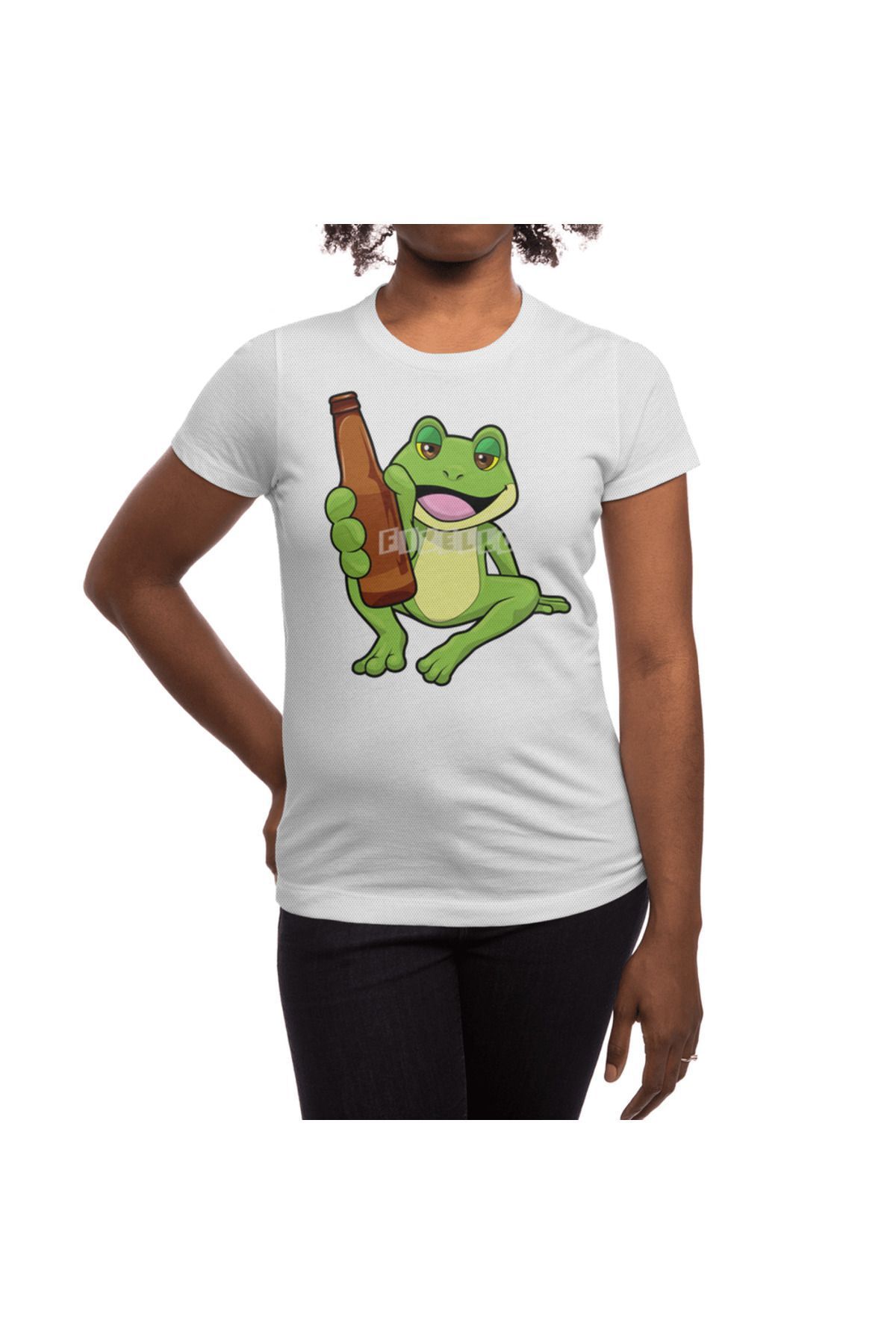Fizello-Ανδρικό και γυναικείο λευκό μπλουζάκι - Frog with Bottle of Beer Pattern 3