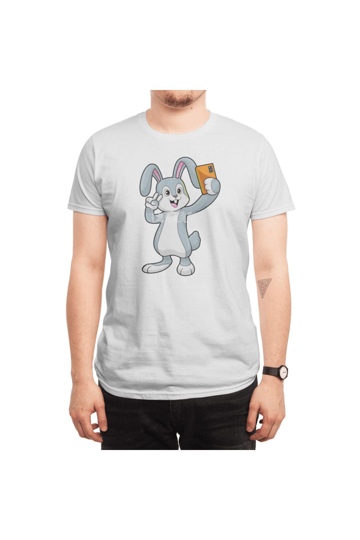 Fizello-Ανδρικό και γυναικείο λευκό μπλουζάκι - Rabbit With Mobile Unisex Design 6