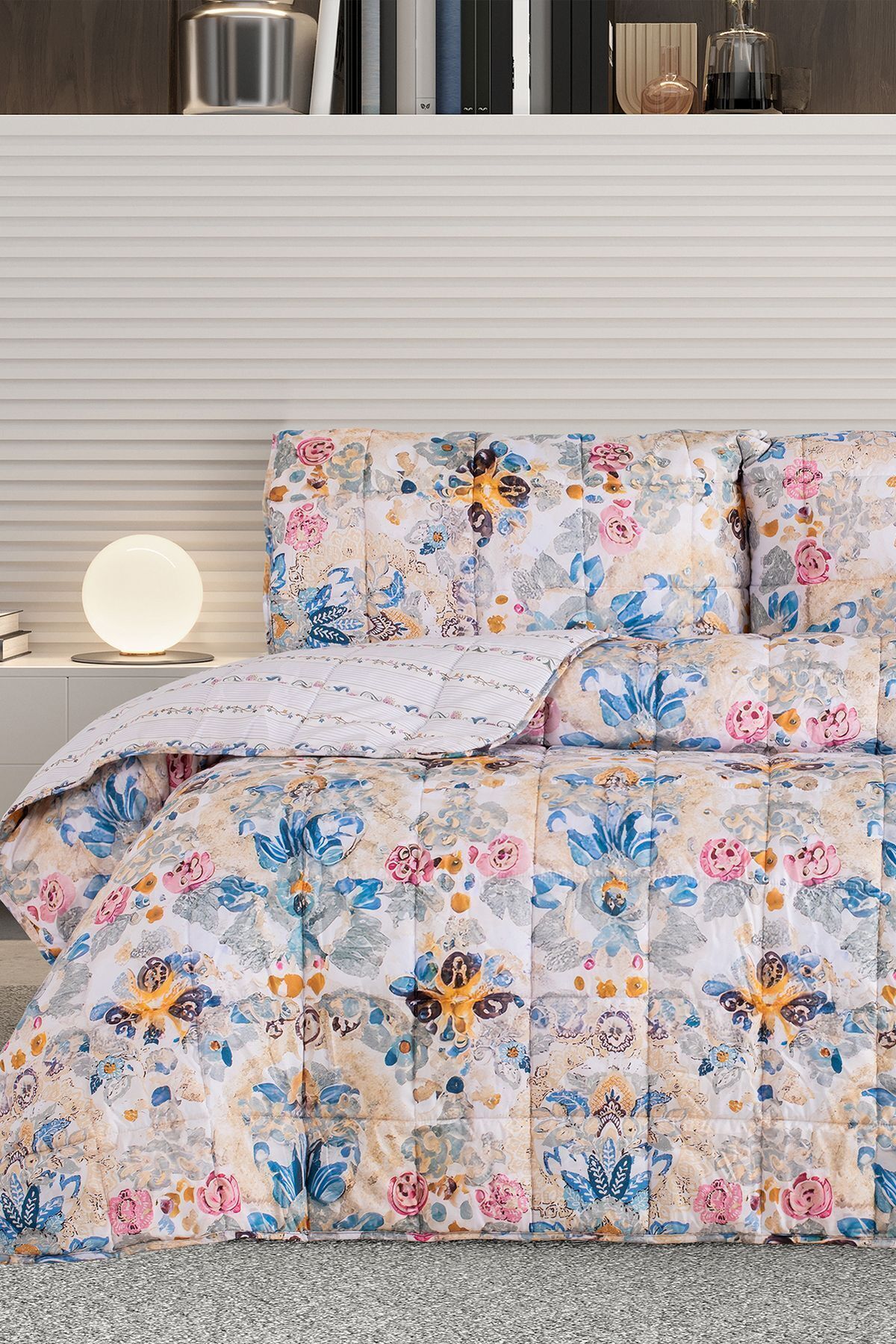 POMELO HOME-Single Floral Print Beige Double Sided Bedspread, Pillowcase Set, Set 1