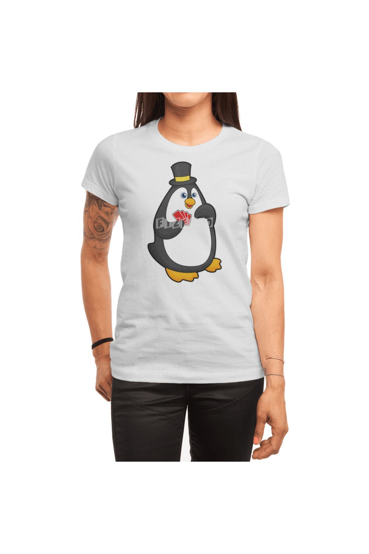 Fizello Tricou Alb Cu Model De Cărți De Poker Penguin Hatli Pentru Bărbați Și Femei Unisex - XL