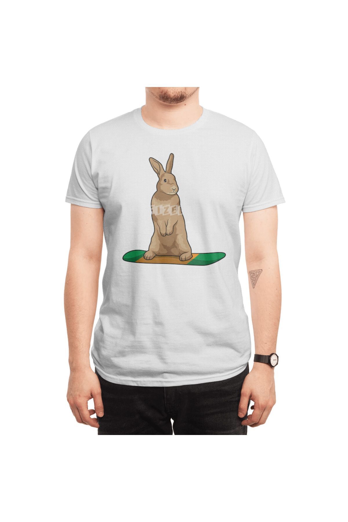 Fizello-Ανδρικό και γυναικείο λευκό μπλουζάκι - Rabbit As Snowboarder With Snowboarding Unisex Design 6