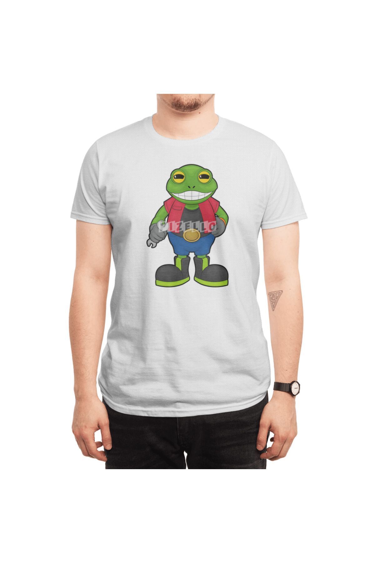 Fizello-Ανδρικό και γυναικείο Unisex λευκό μπλουζάκι - Frog As Mechanic With Spanner Pattern 6