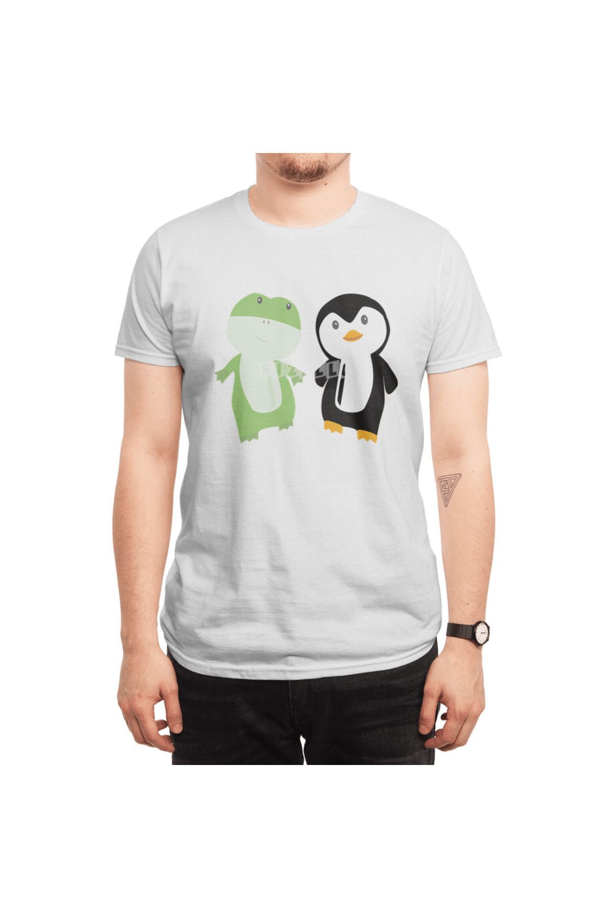 Fizello-Ανδρικό και γυναικείο μπλουζάκι - Frog Penguin με ελαφρύ αγιόκλημα Unisex λευκό μπλουζάκι 6