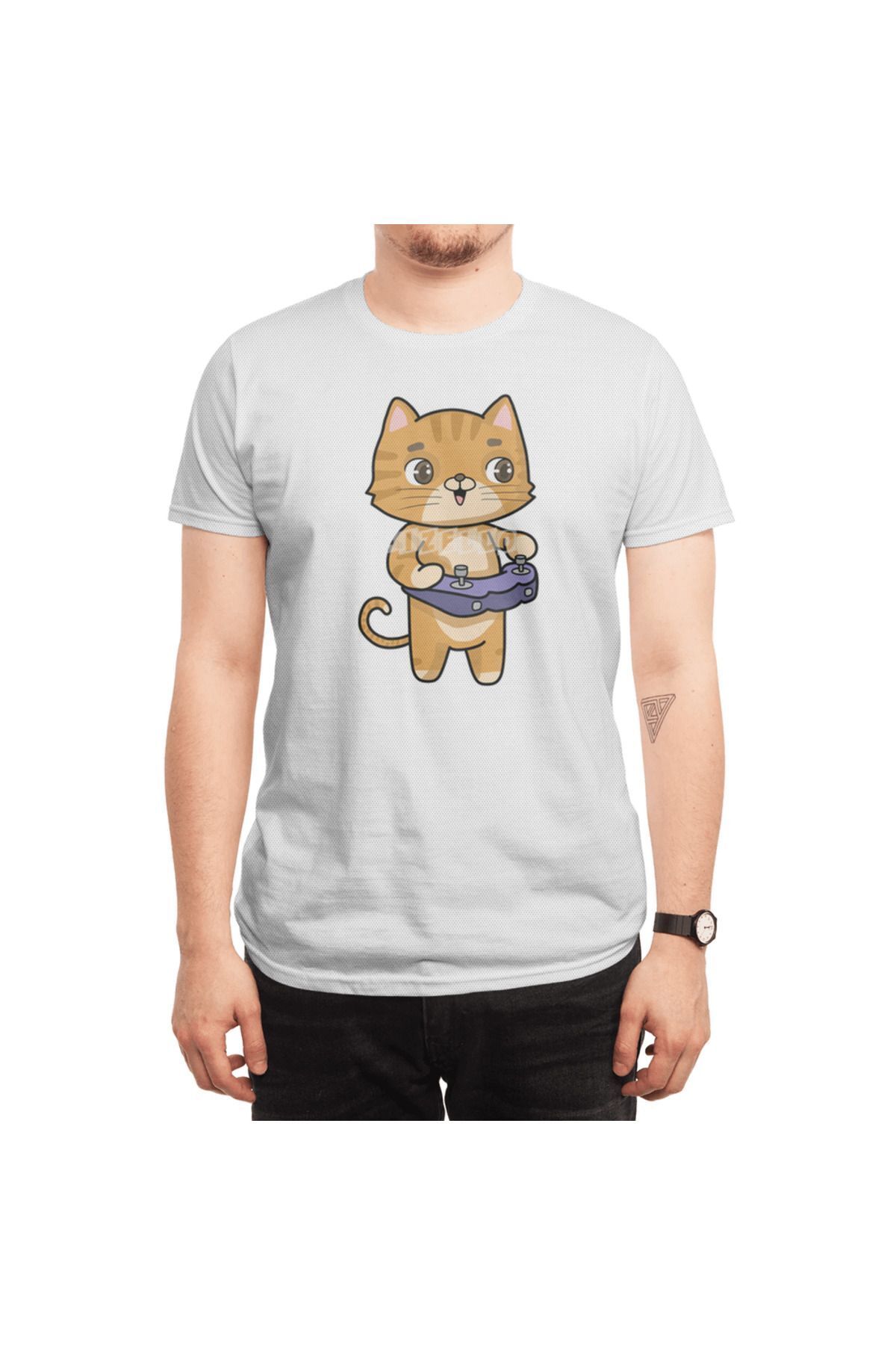 Fizello-Ανδρικό και γυναικείο λευκό μπλουζάκι Unisex - Cat at Playing with Controller 6