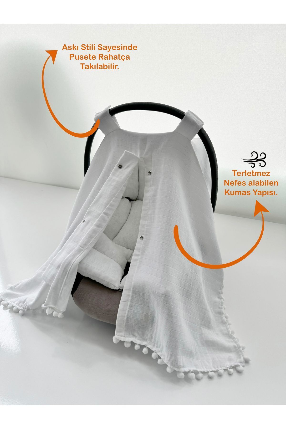 Genel Markalar Ponponlu Müslin Kumaş Organik Puset Örtüsü ve Minderi fotoğrafı 2 (önizleme)