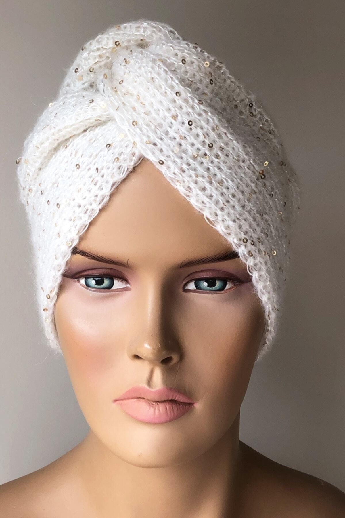 Vera-Angora Wolle Creme Baskenmütze Turban Modell Stilvolle Paillettenmütze 5