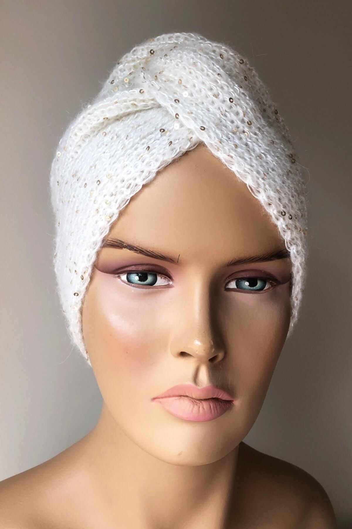 Vera-Angora Wolle Creme Baskenmütze Turban Modell Stilvolle Paillettenmütze 2