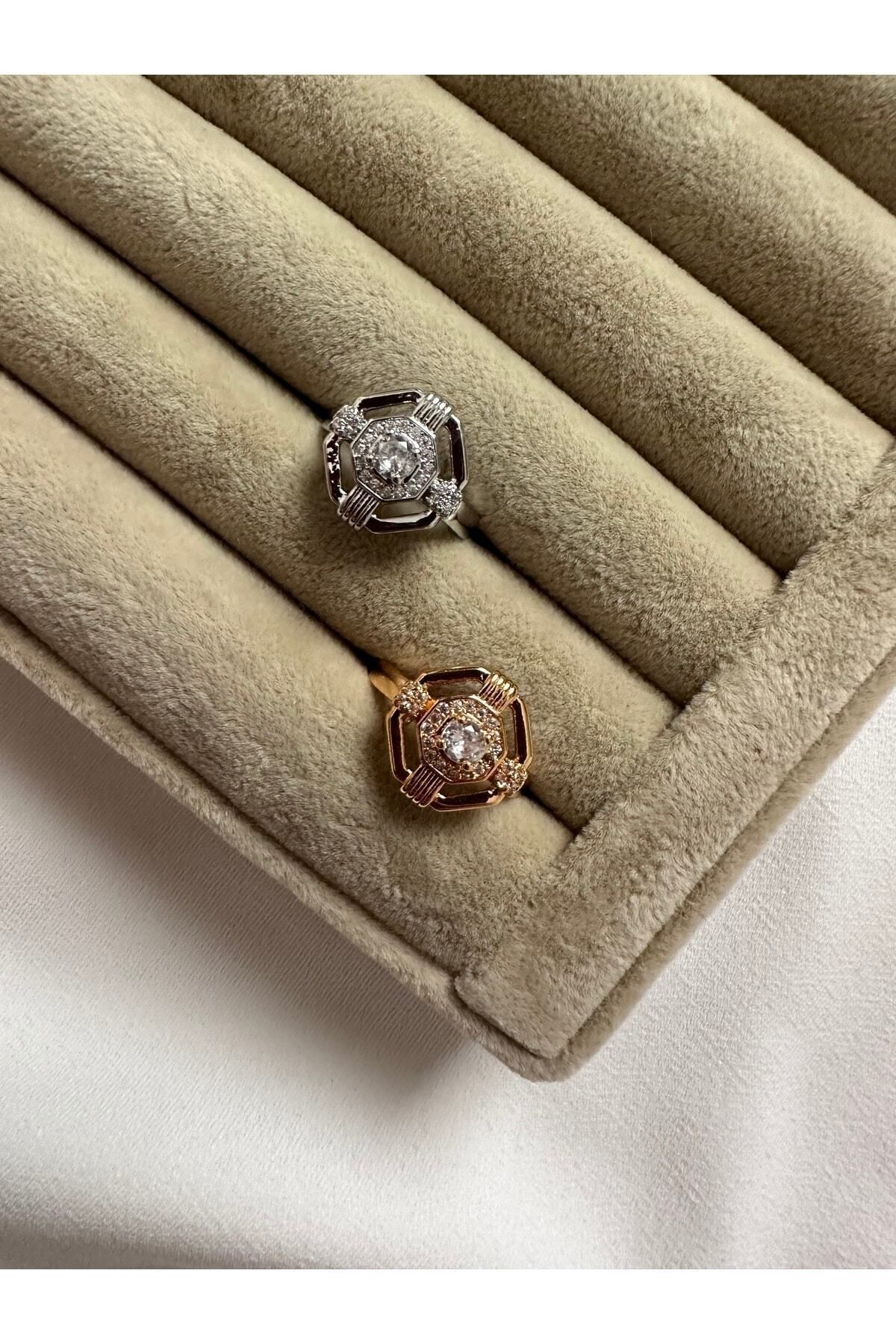 Gold Zirkon Taşlı Ayarlanabilir Vintage Yüzük 4