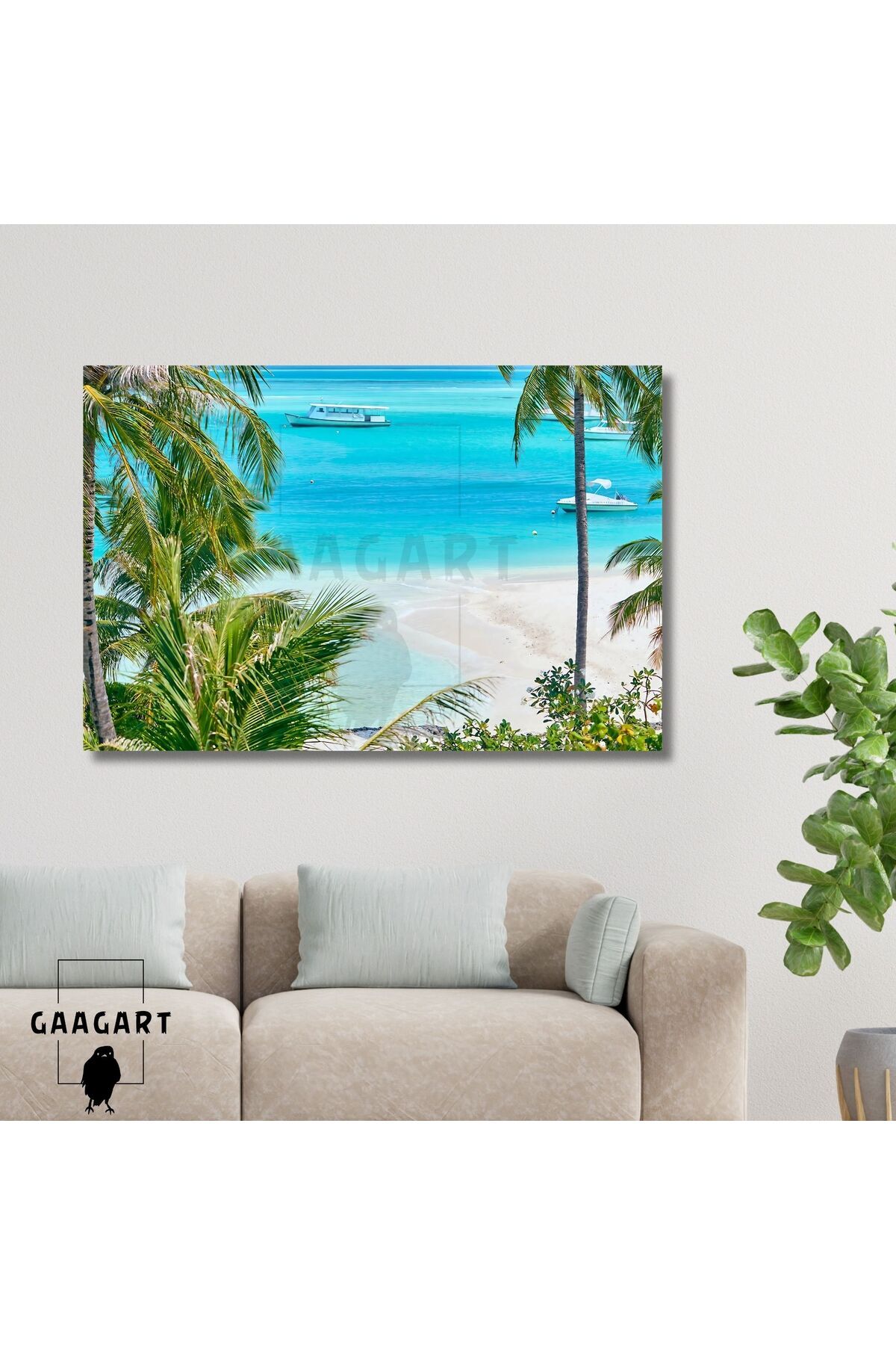 Single Horizontal Canvas Wall Table Blue Sea and Palm Trees
