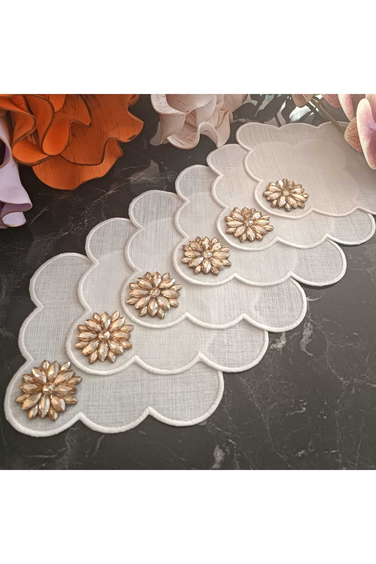 Fleur De Pierre (TAŞ ÇİÇEK) şampanya renkli Kahve Yanı Kokteyl Peçetesi Leke Tutmayan Kumaş 6 Adet