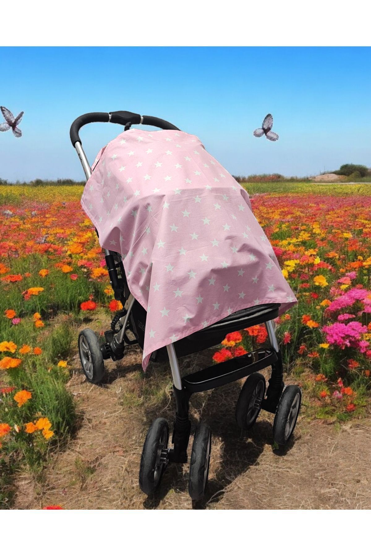 BeybiNest Balenli Emzirme Önlüğü 100x80 Cm Ayarlanabilir Boy Pembe Yıldız Emzirme Örtüsü Organik Pamuklu fotoğrafı 4 (önizleme)