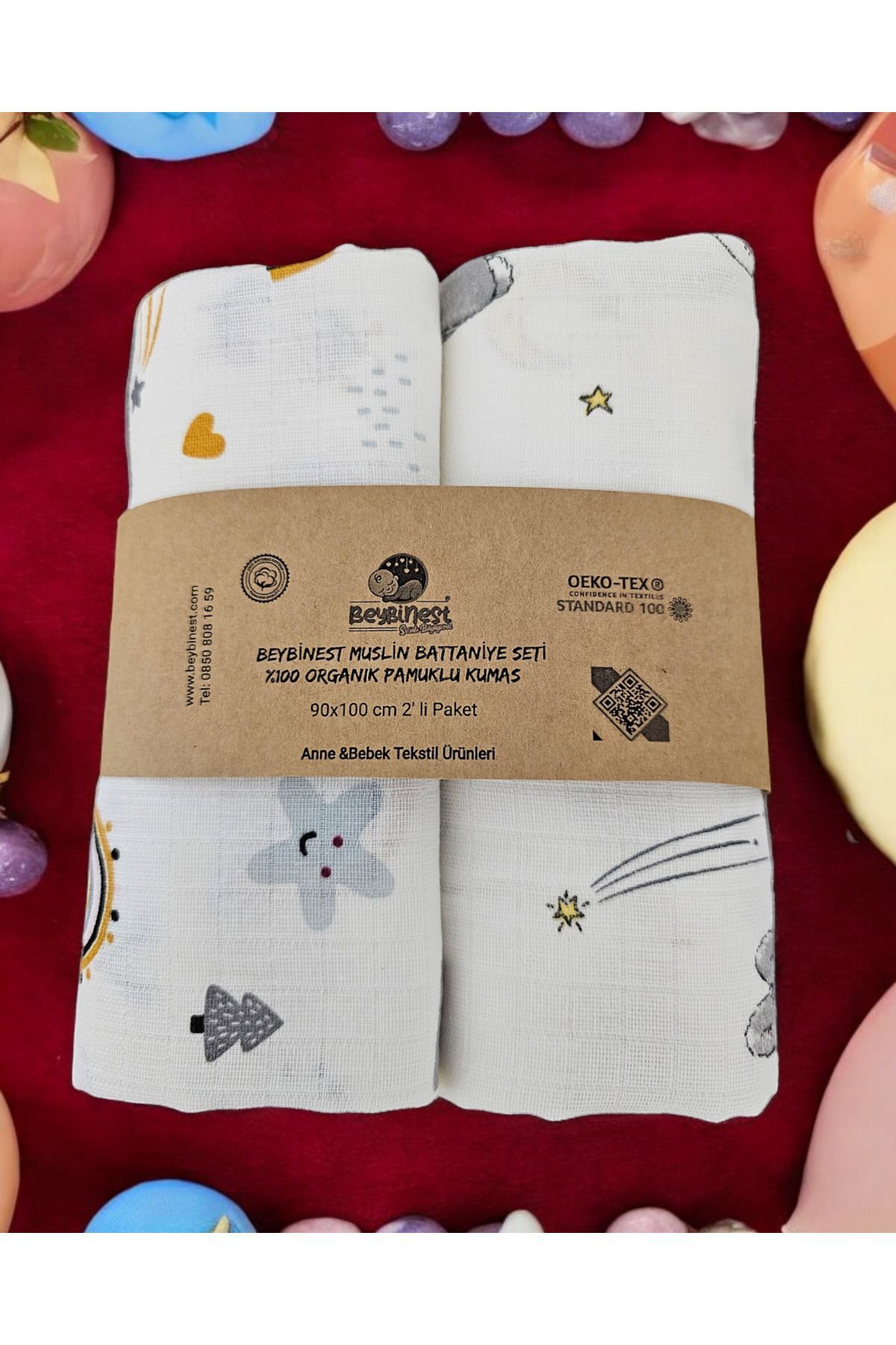 BeybiNest %100 Organik Pamuklu Müslin Battaniye Seti 2 li Paket 100x90 cm Tavşan ve Yıldızlar fotoğrafı 2 (önizleme)