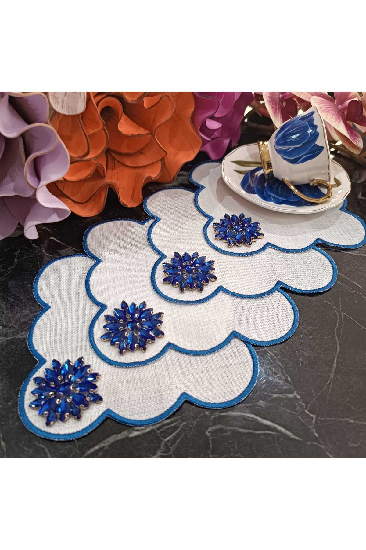 Fleur De Pierre (TAŞ ÇİÇEK) saks mavisi renk Kahve Yanı Kokteyl Peçetesi Leke Tutmayan Kumaş 6 Adet