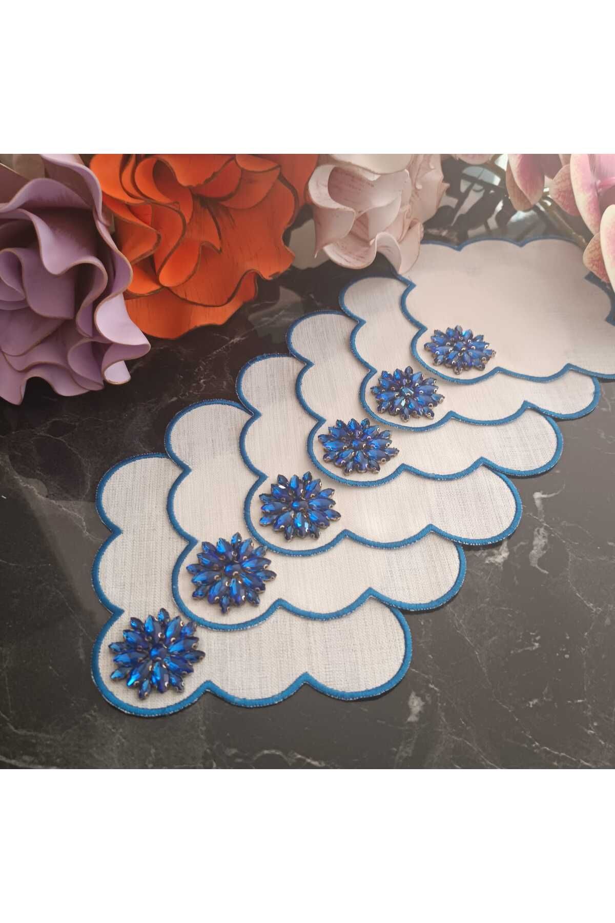 Fleur De Pierre (TAŞ ÇİÇEK) saks mavisi renk Kahve Yanı Kokteyl Peçetesi Leke Tutmayan Kumaş 6 Adet