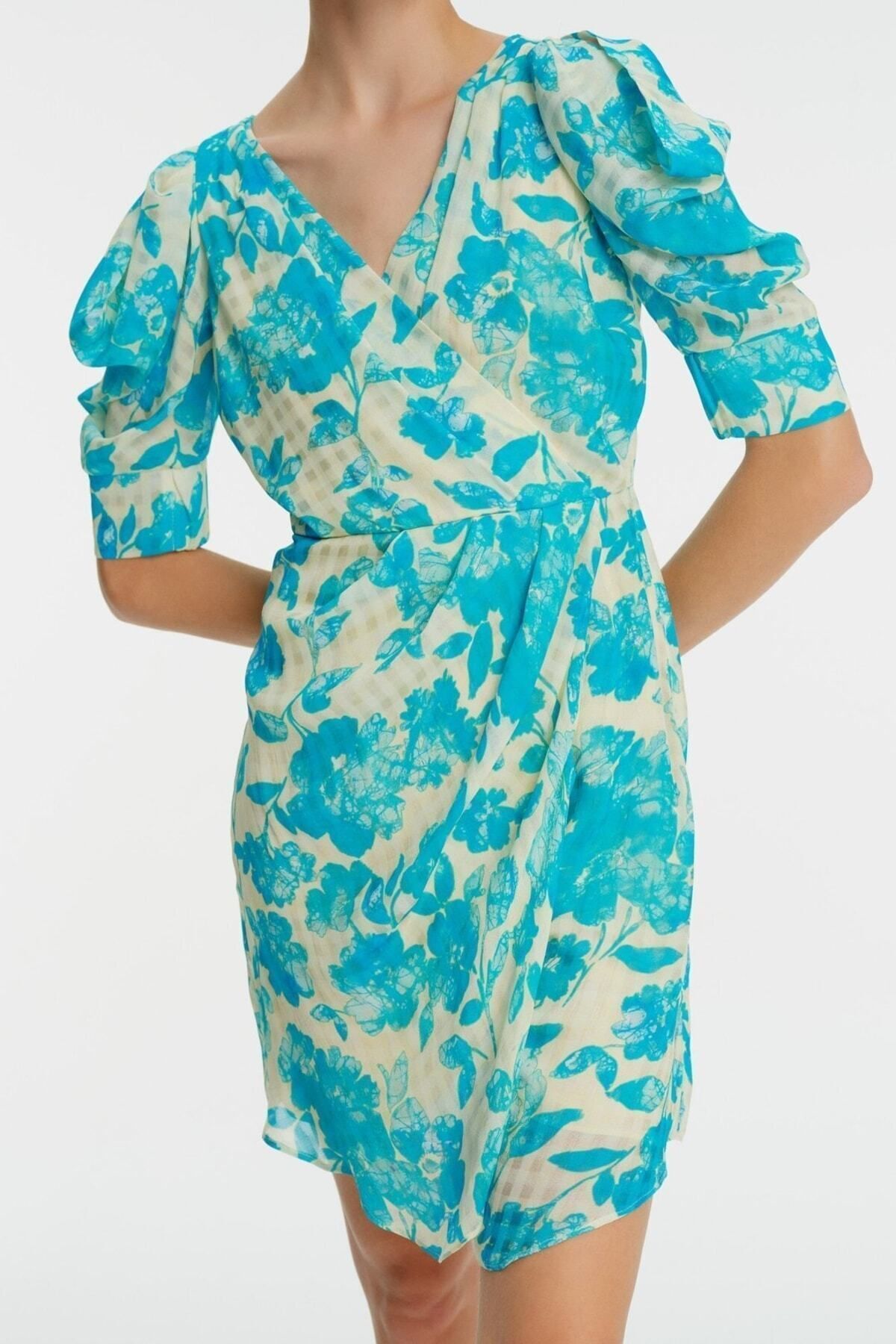 Exquise-Rochie mini cu mâneci pepene verde cu imprimeu floral 2