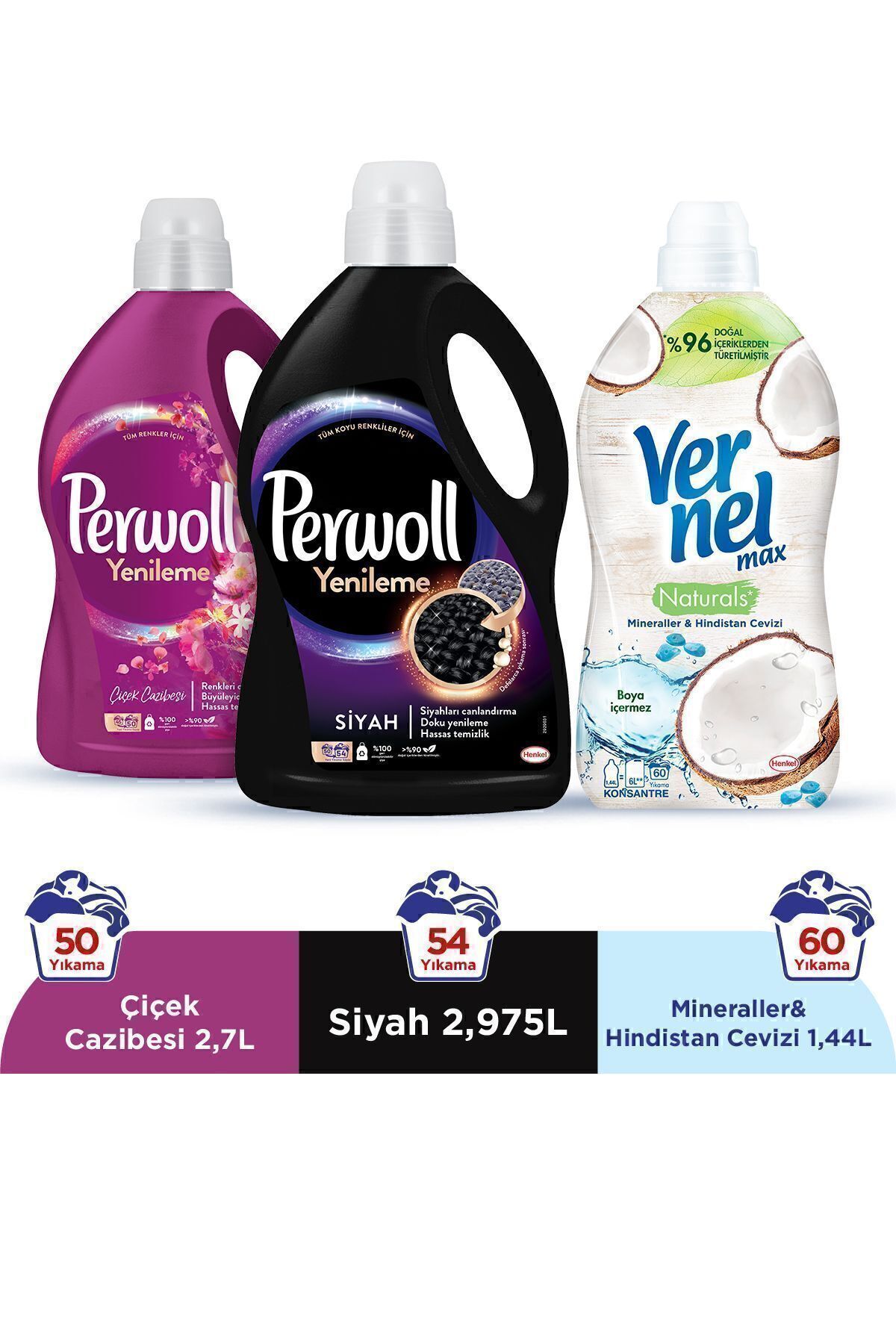 Hassas Sıvı Çamaşır Deterjanı  2,97L Siyah+ 2,7L Çiçek Cazibesi +Vernel 1440ml H.
cevizi