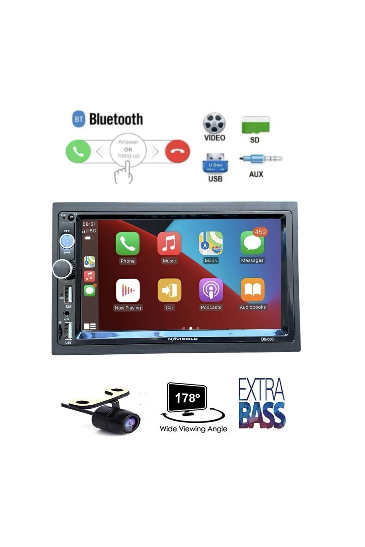 Navigold-Ds-7250 Car Play Dual Tape (Not Android) Compatible 7'' Inch Bluetooth - Dual USB 4X55W Camera 6