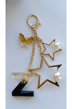 Vienna Design Furniture Yıldız aksesuarlı Gold siyah epoksi harf anahtarlık Z...