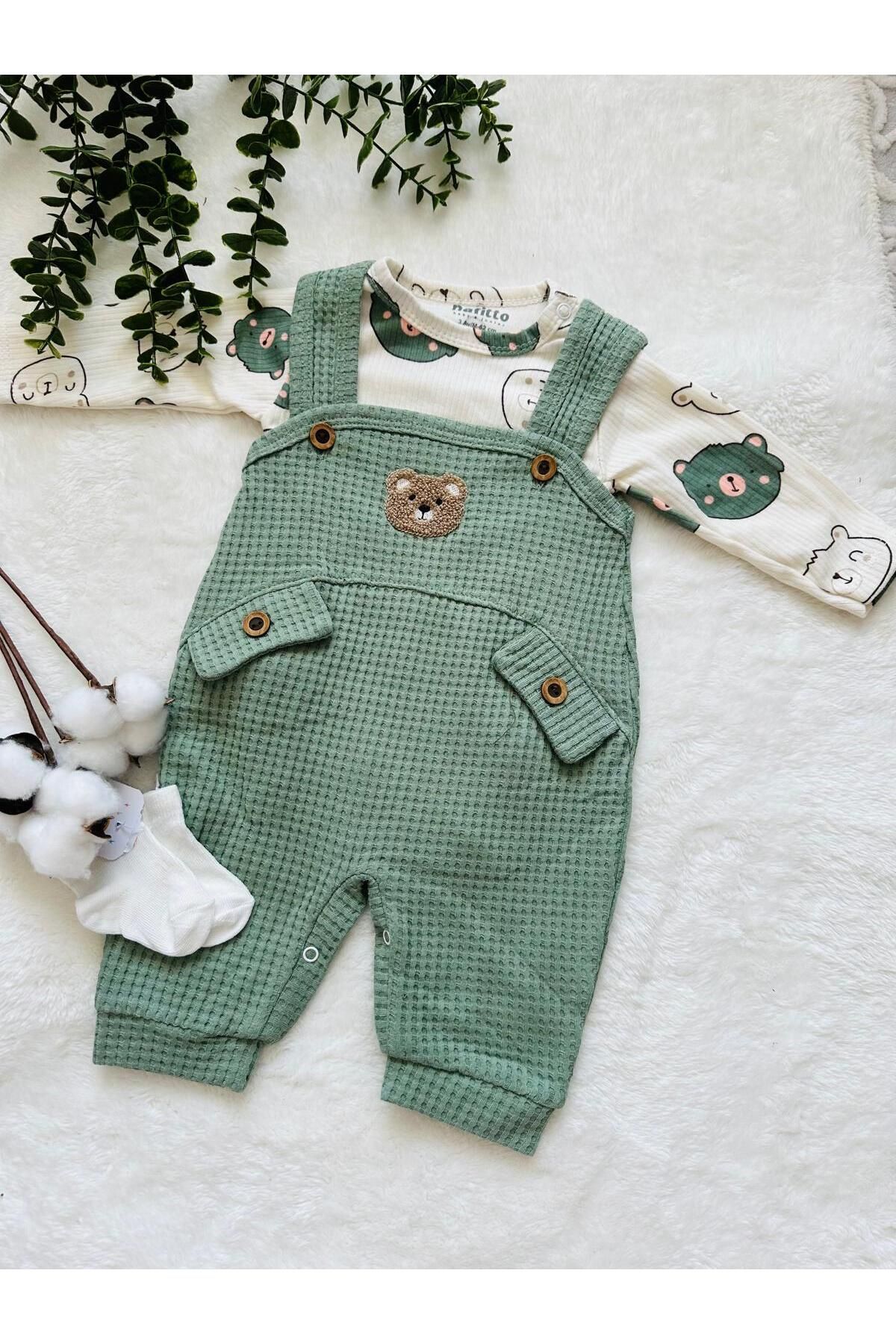 NAFİTTO punch ayıcık işlemeli erkek bebek waffle salopet (çoraplı) fotoğrafı 5 (önizleme)