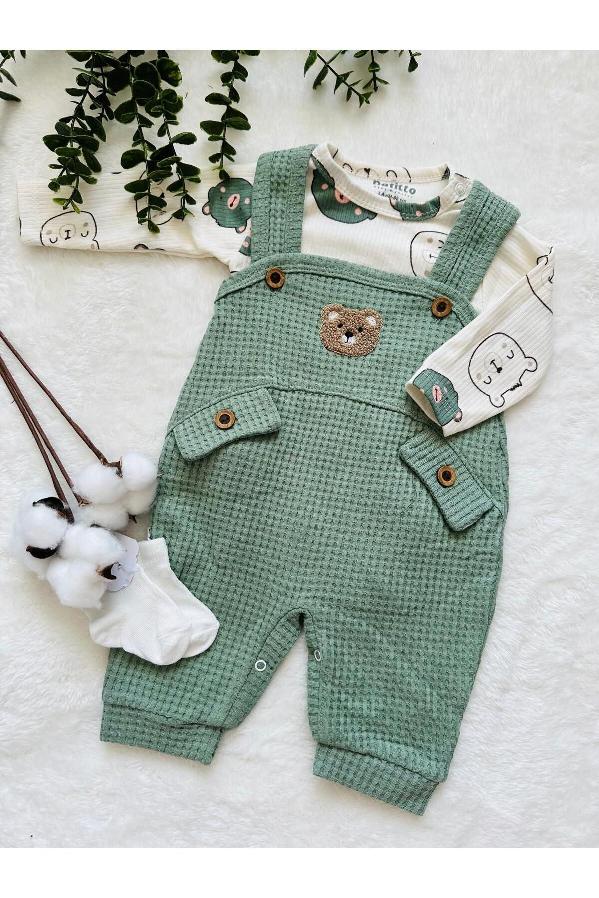 punch teddy bear embroidered baby boy waffle salopette (with socks)