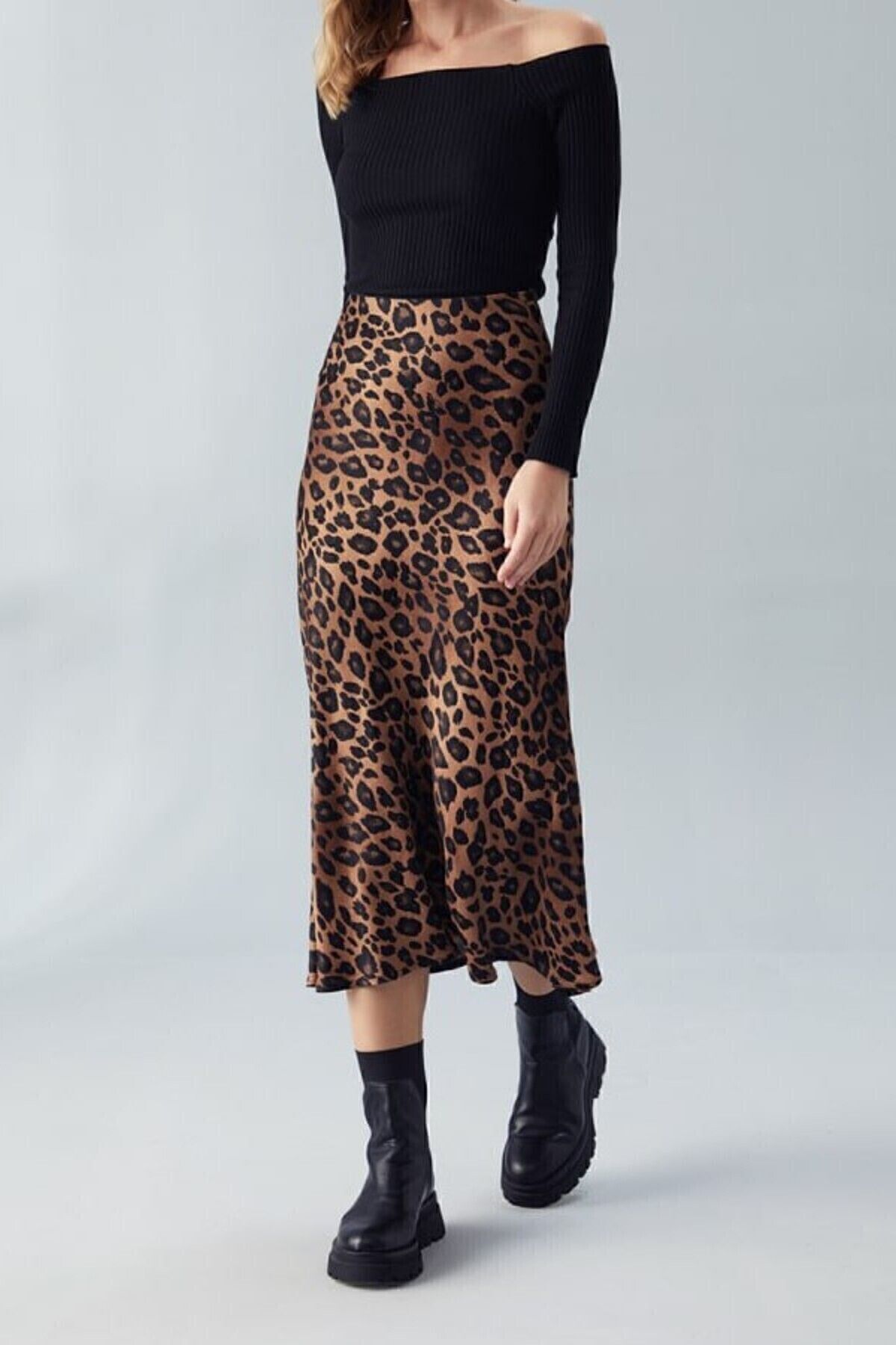 Leopar Desen Saten Midi Boy Kahverengi Etek