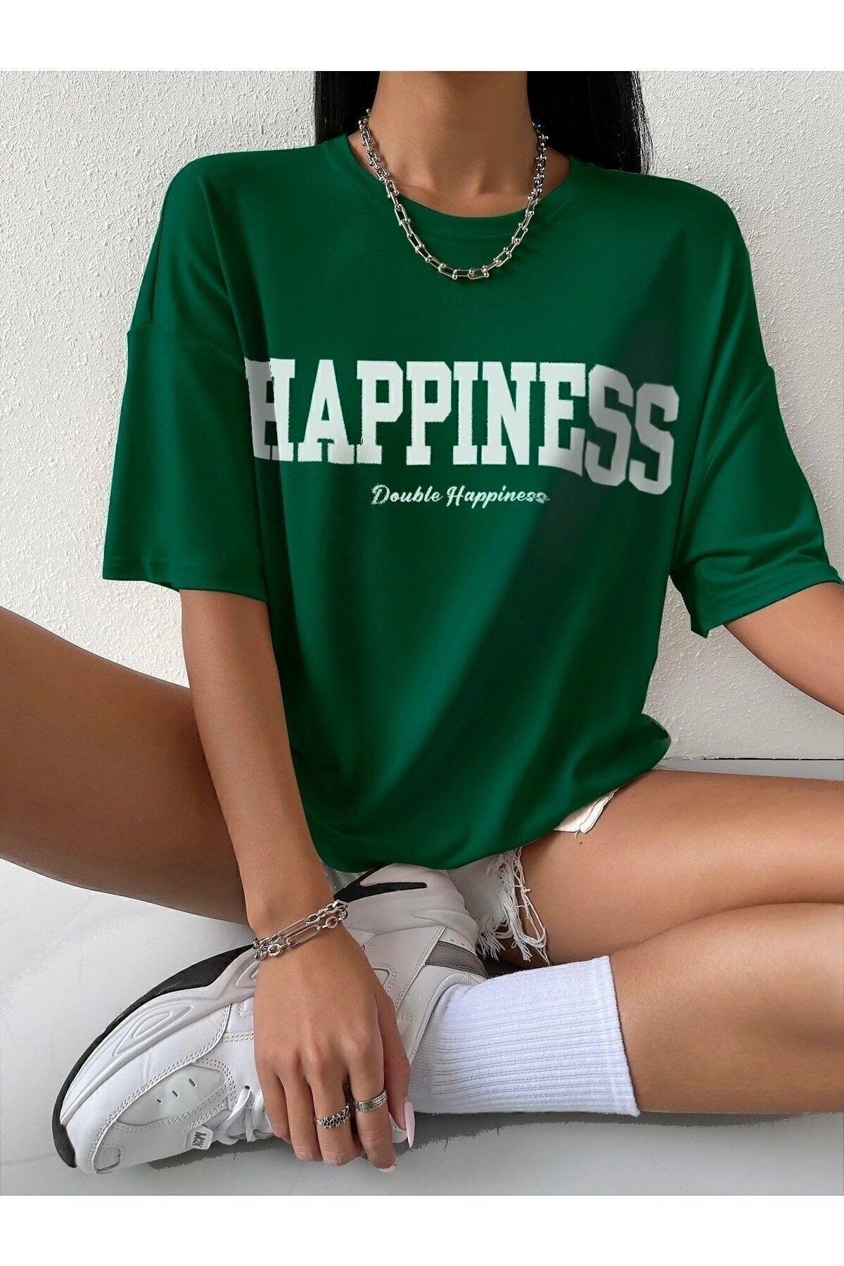 Doğannboss Kadın Happıness Baskılı Oversize Tshirt