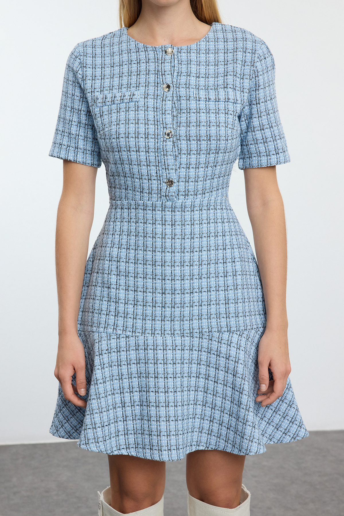 Trendyol Collection indigó Crew nyakú mini tweed ruha - szoknya, derékban nyíló TWOAW25EL00280